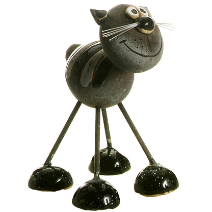 Handmade Stripey Ceramic Cat with Wire Legs