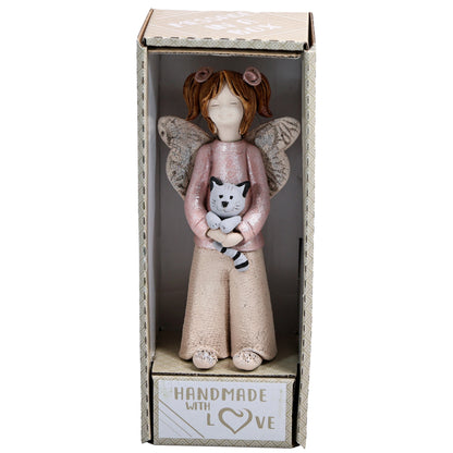 Handmade Rustic Natural Beige Ceramic Child Angel Holding Cat