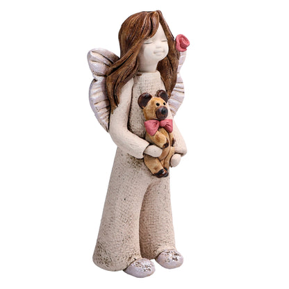 Handmade Rustic Natural Beige Ceramic Child Angel Holding Teddy Bear