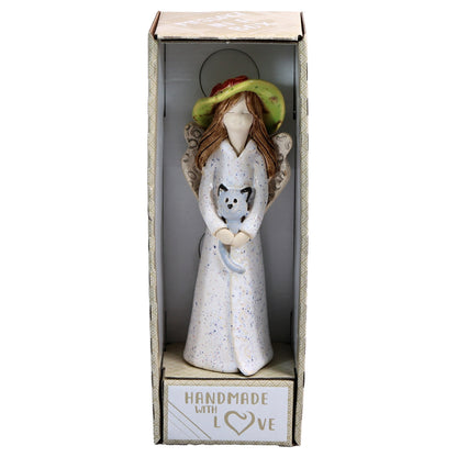 Handmade Ceramic Angel in Hat Holding Cat