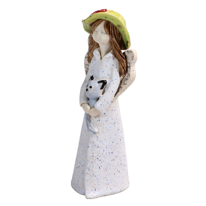 Handmade Ceramic Angel in Hat Holding Cat