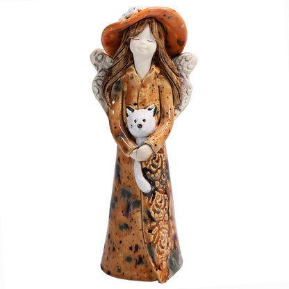 Handmade Ceramic Angel in Hat Holding Cat