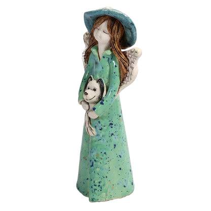 Handmade Ceramic Angel in Hat Holding Dog