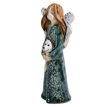 Handmade Teal Ceramic Angel Holding Dog