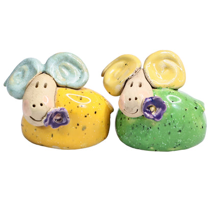 Handmade Ceramic Mini Yellow & Green Smiling Ram Couple with Flower in Mouth