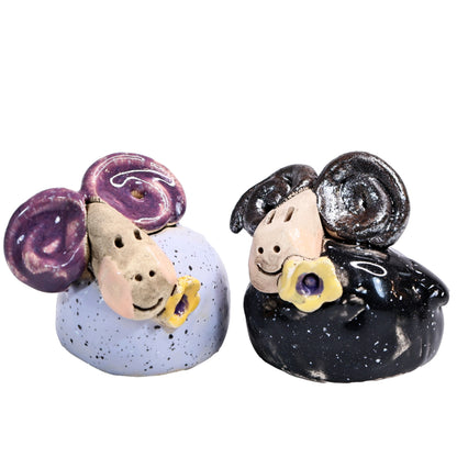 Handmade Ceramic Ram Couple with Horns & Flowers in Black & Lilac