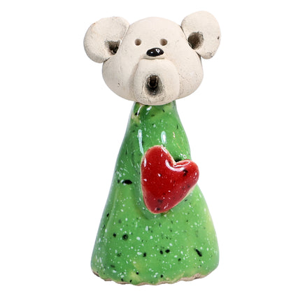 Handmade Ceramic Teddy Bear Couple in Green & Yellow with Red Hearts