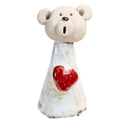 Handmade Ceramic Teddy Bear Couple in White & Turquoise with Red Hearts