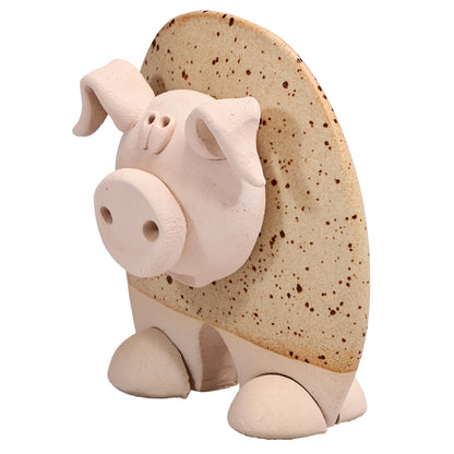 Handmade Ceramic Flat Pig Figurine in Turquoise, Pink, Terracotta Orange