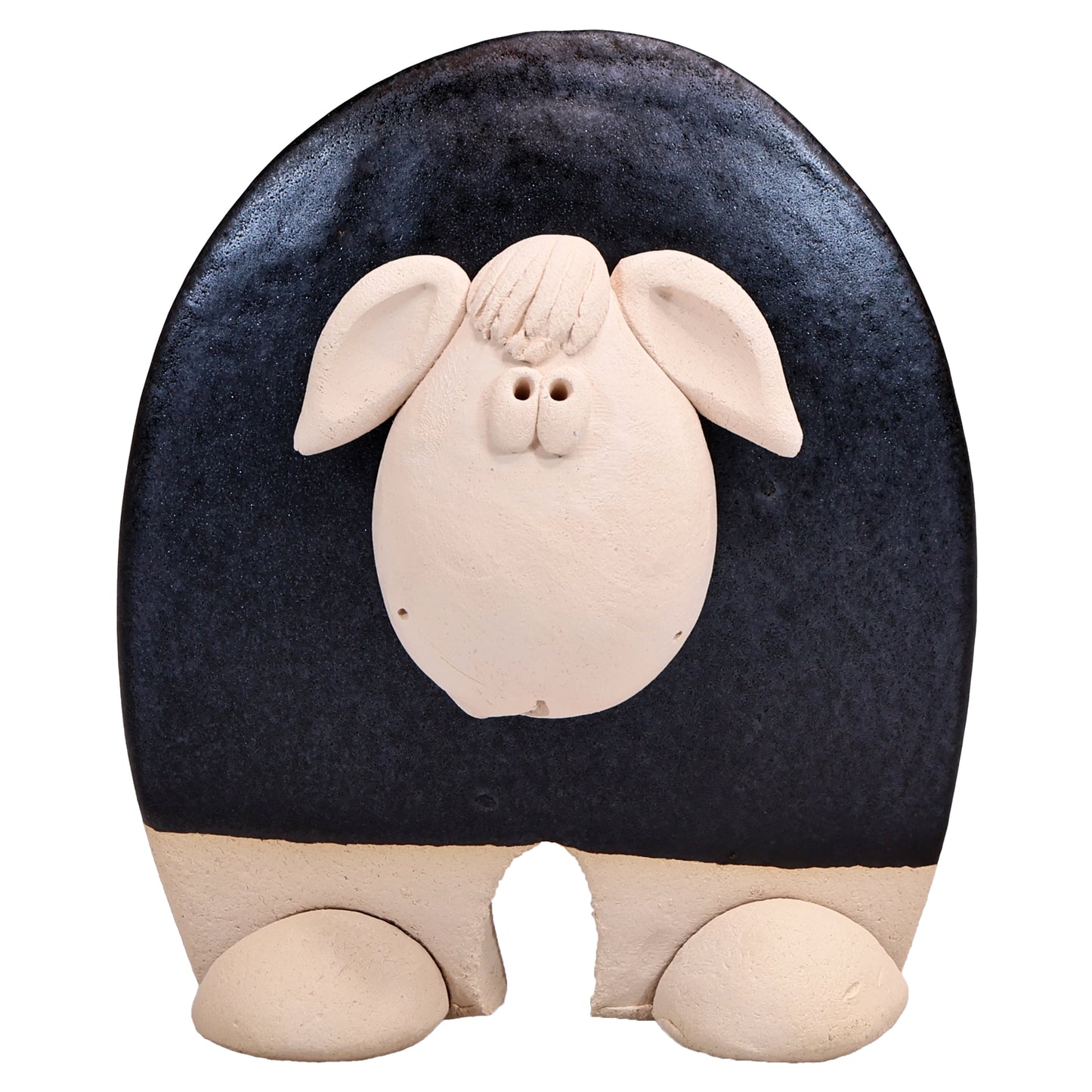 Handmade Ceramic Flat Sheep Figurine in Black, Pink, White Daisy Accent