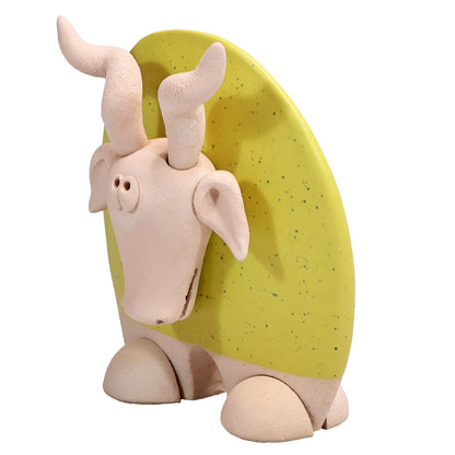 Handmade Ceramic Flat Goat Figurine in Turquoise, Lemon Yellow, White Daisy