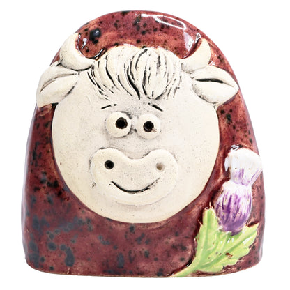 Charming Character of Handmade Ceramic Highland Cow with Thistle