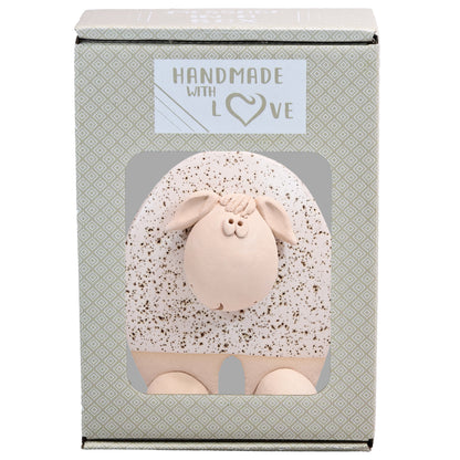 Handmade Ceramic Flat Sheep Figurine in Black, Pink, White Daisy Accent