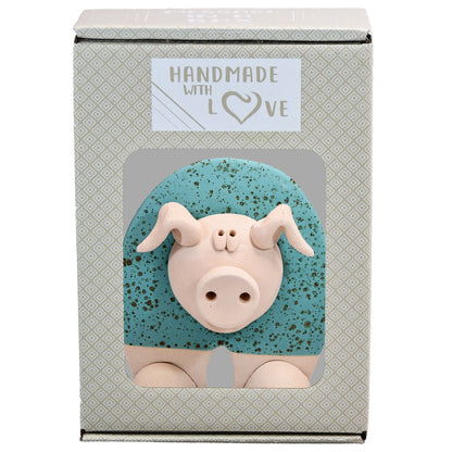 Handmade Ceramic Flat Pig Figurine in Turquoise, Pink, Terracotta Orange