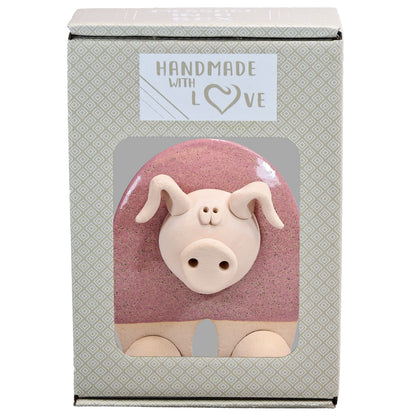 Handmade Ceramic Flat Pig Figurine in Turquoise, Pink, Terracotta Orange