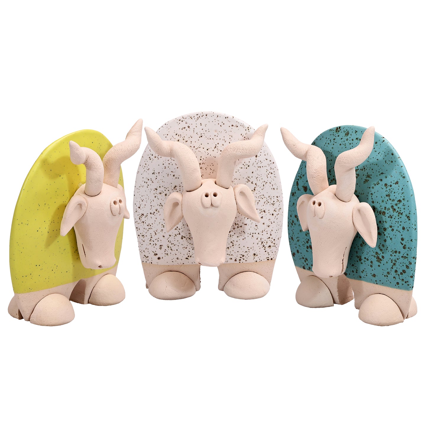 Handmade Ceramic Flat Goat Figurine in Turquoise, Lemon Yellow, White Daisy